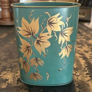 Metal Desk Wastebasket with Hand-painted Gold Floral Design